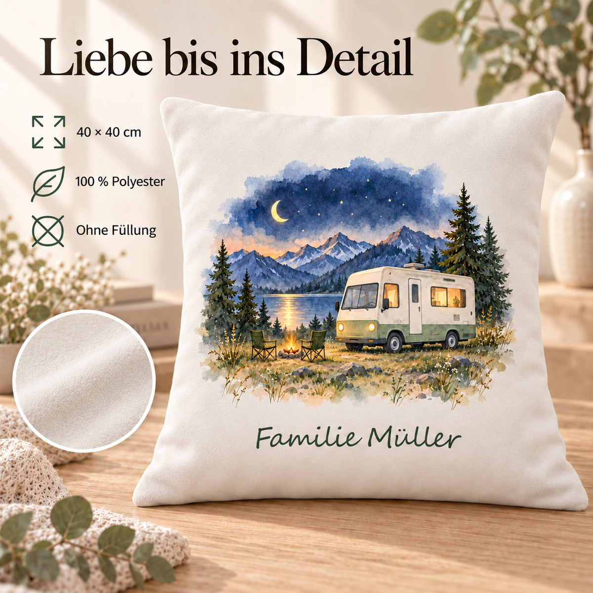 Eigenschaften: personalisierter Wohnmobil-Kissenbezug Sternennacht, 40 × 40 cm, Beispiel Familie Müller