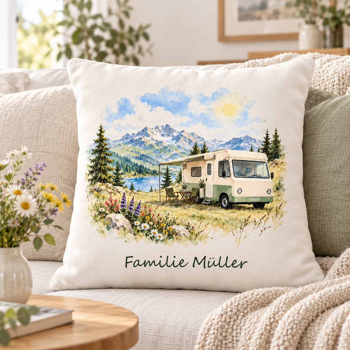 Wohnumgebung: personalisierter Wohnmobil-Kissenbezug Almwiese, 40 × 40 cm, Beispiel Familie Müller
