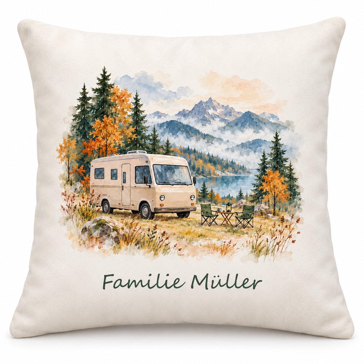 Hauptbild: personalisierter Wohnmobil-Kissenbezug Herbstcamp, 40 × 40 cm, Beispiel Familie Müller