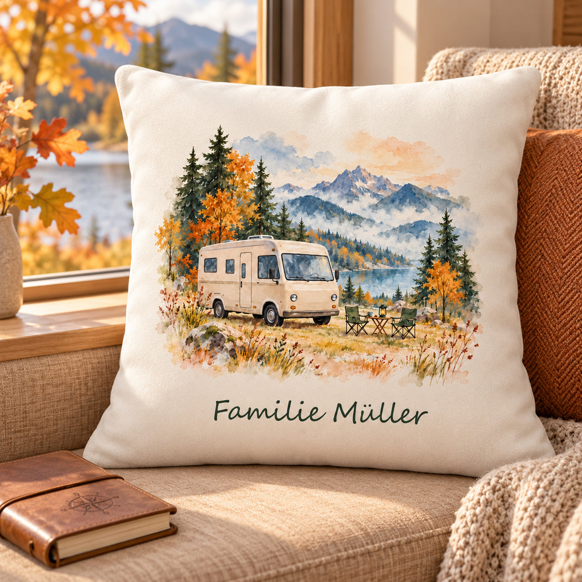 Wohnumgebung: personalisierter Wohnmobil-Kissenbezug Herbstcamp, 40 × 40 cm, Beispiel Familie Müller