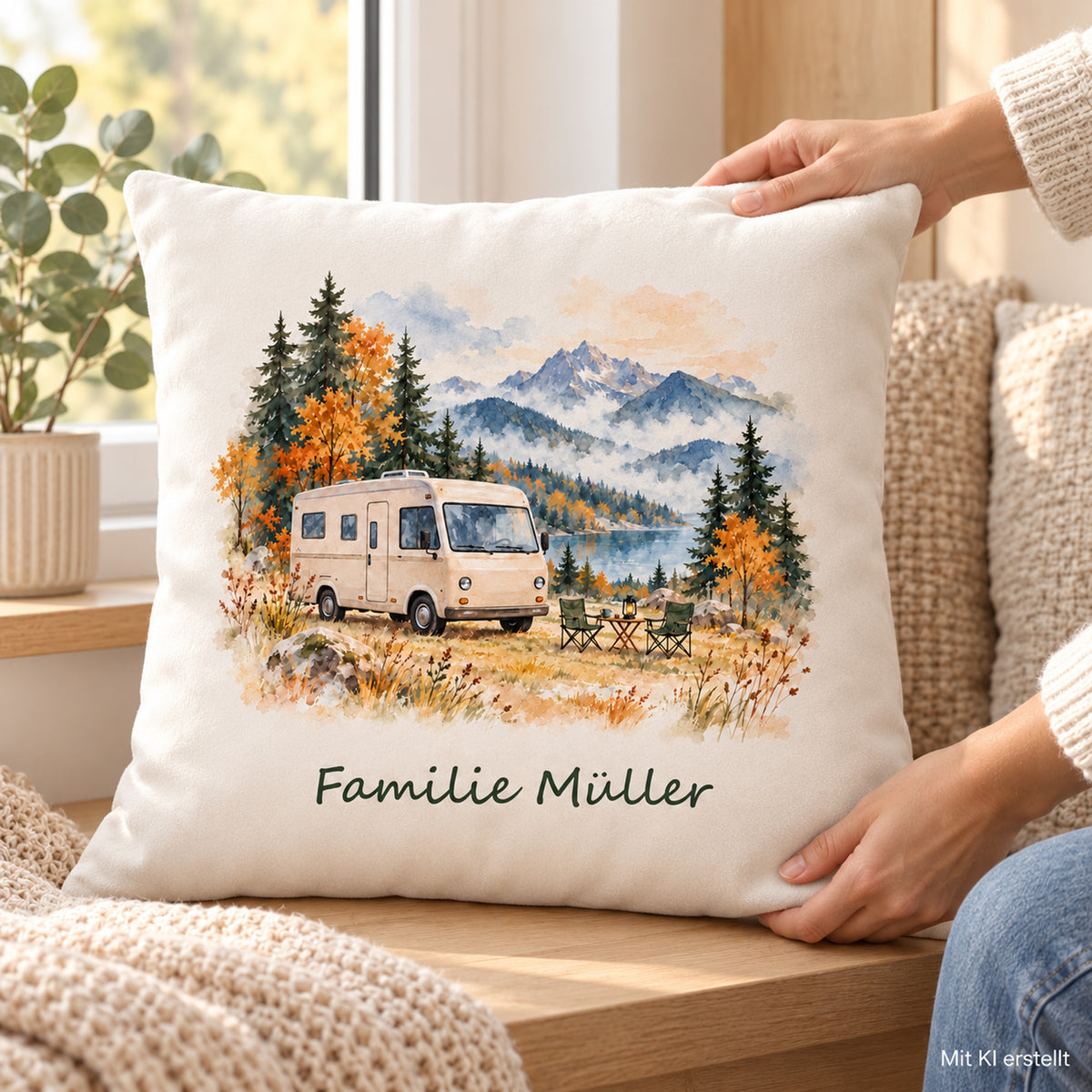 Nutzungsszene: personalisierter Wohnmobil-Kissenbezug Herbstcamp, 40 × 40 cm, Beispiel Familie Müller