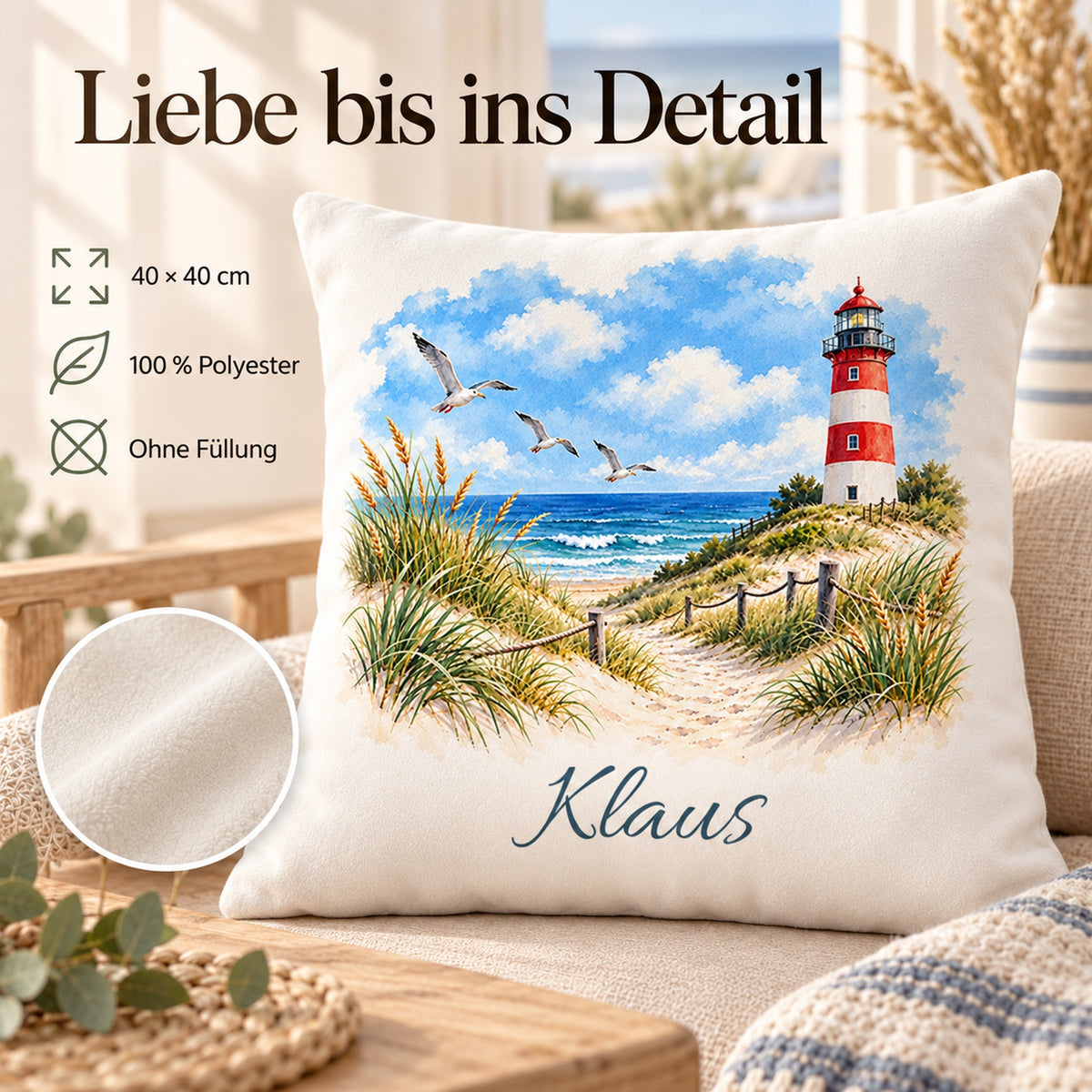 Dünenweg: Kissenbezug mit Leuchtturm und Beispielname Klaus – Produktdetails