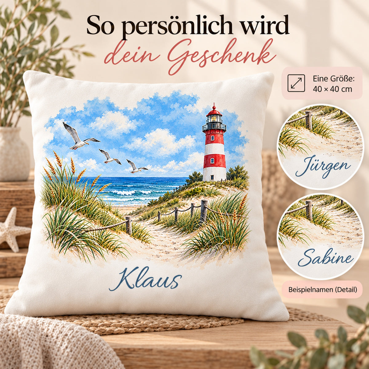 Dünenweg: Kissenbezug mit Leuchtturm und Beispielname Klaus – Personalisierung