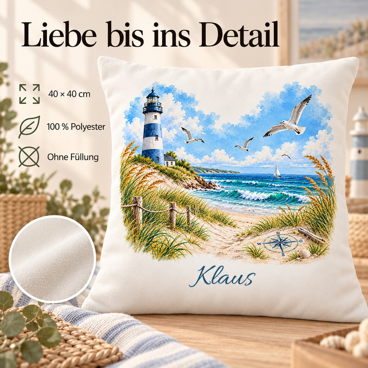 Kompass am Meer: Kissenbezug mit Leuchtturm und Beispielname Klaus – Produktdetails