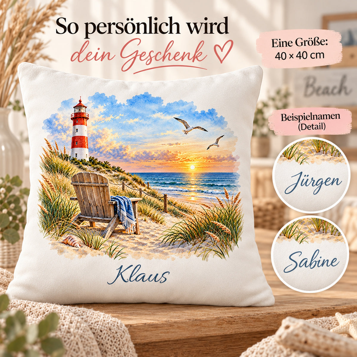Lieblingsplatz am Meer: Kissenbezug mit Leuchtturm und Beispielname Klaus – Personalisierung