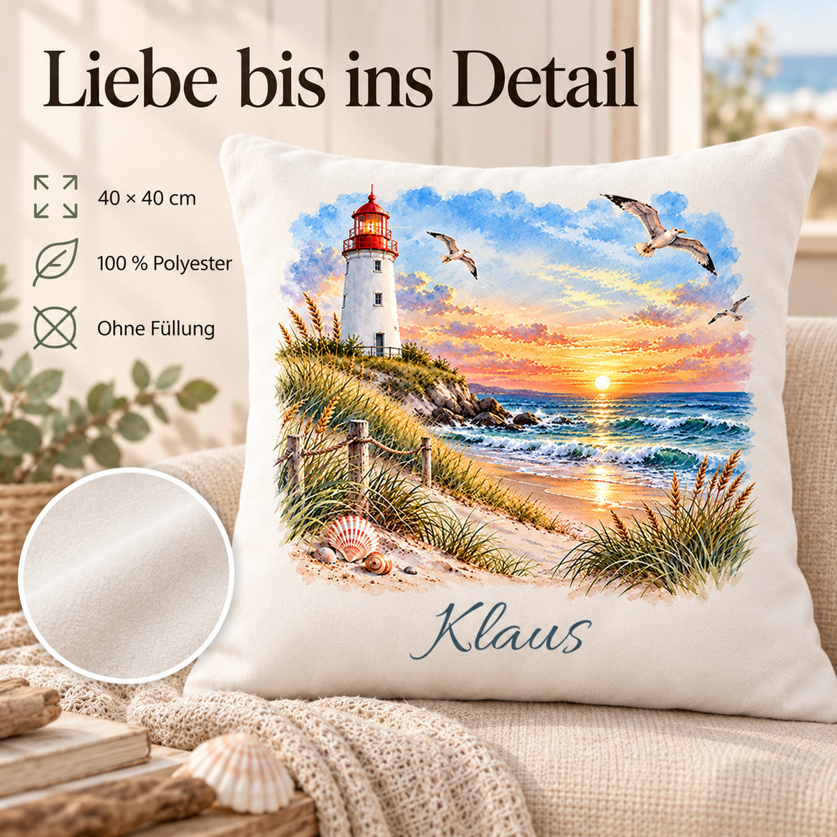 Muscheln am Strand: Kissenbezug mit Leuchtturm und Beispielname Klaus – Produktdetails