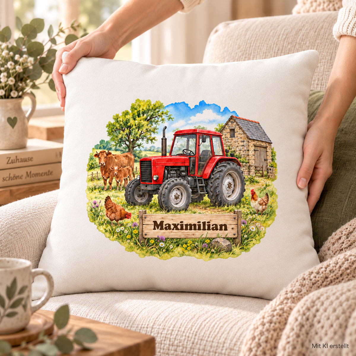 Nutzungsszene: personalisierter Traktor-Kissenbezug Roter Traktor mit Kühen, 40 × 40 cm, Beispiel Maximilian