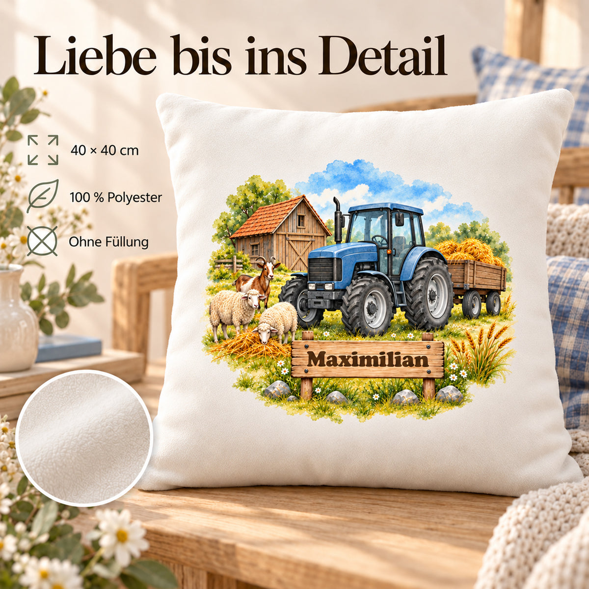 Eigenschaften: personalisierter Traktor-Kissenbezug Blauer Traktor mit Heuwagen, 40 × 40 cm, Beispiel Maximilian
