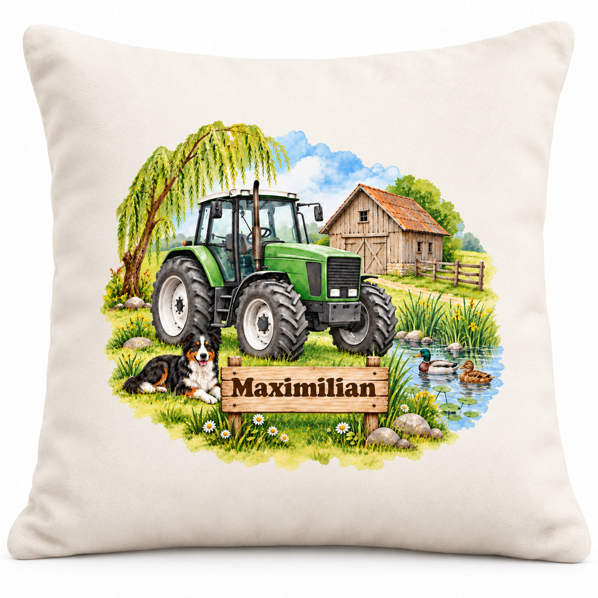 Hauptbild: personalisierter Traktor-Kissenbezug Grüner Traktor am Ententeich, 40 × 40 cm, Beispiel Maximilian