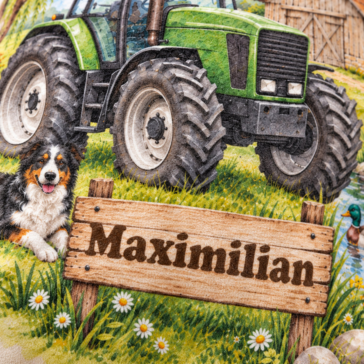 Druckdetail: personalisierter Traktor-Kissenbezug Grüner Traktor am Ententeich, 40 × 40 cm, Beispiel Maximilian