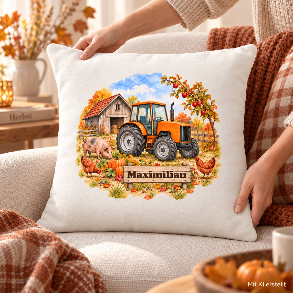 Nutzungsszene: personalisierter Traktor-Kissenbezug Oranger Traktor zur Herbsternte, 40 × 40 cm, Beispiel Maximilian