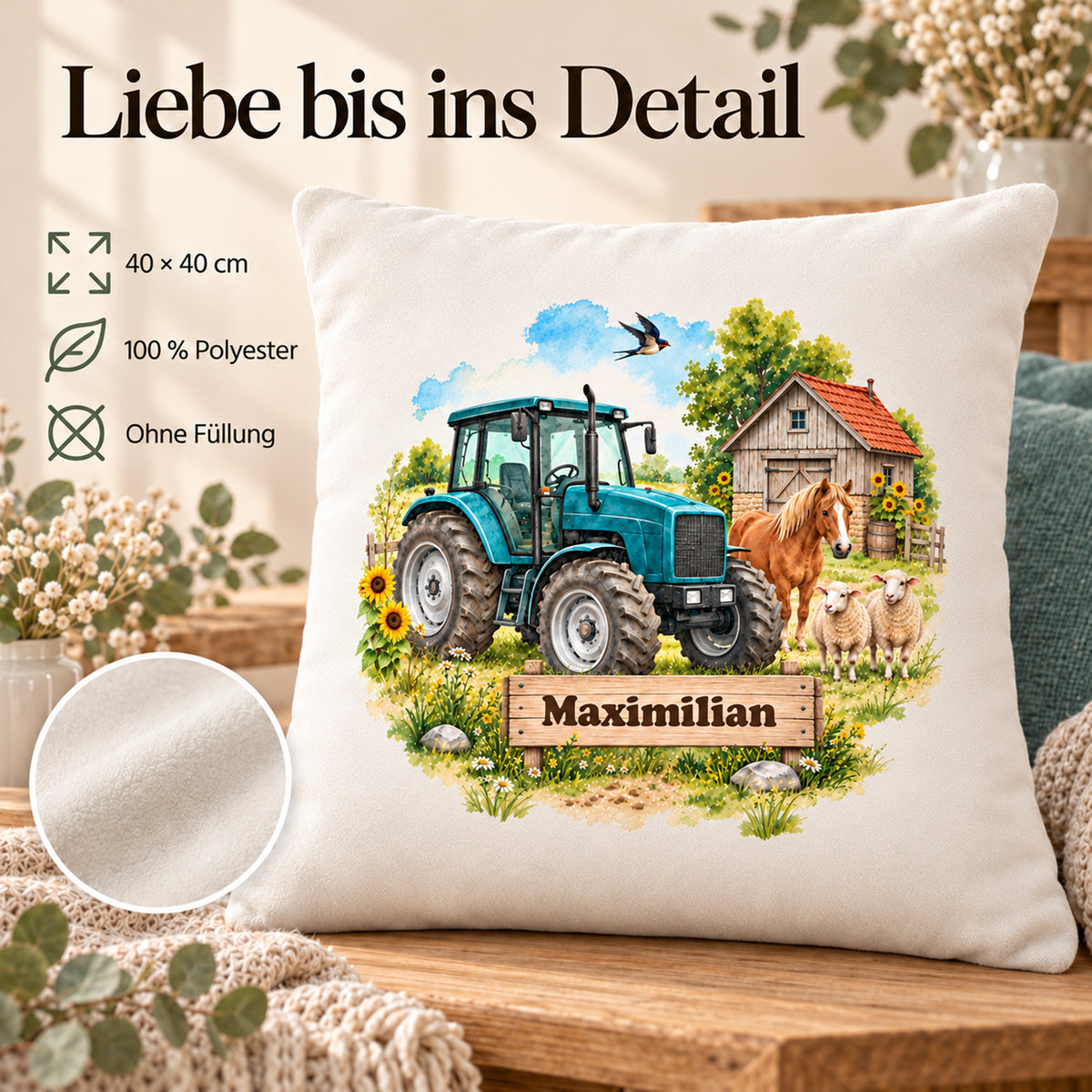 Eigenschaften: personalisierter Traktor-Kissenbezug Türkiser Traktor mit Pony, 40 × 40 cm, Beispiel Maximilian