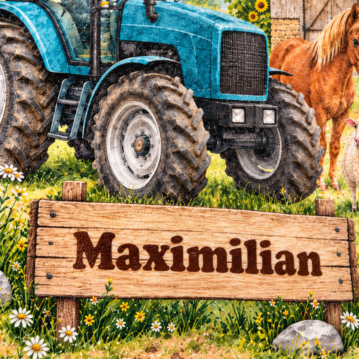 Druckdetail: personalisierter Traktor-Kissenbezug Türkiser Traktor mit Pony, 40 × 40 cm, Beispiel Maximilian