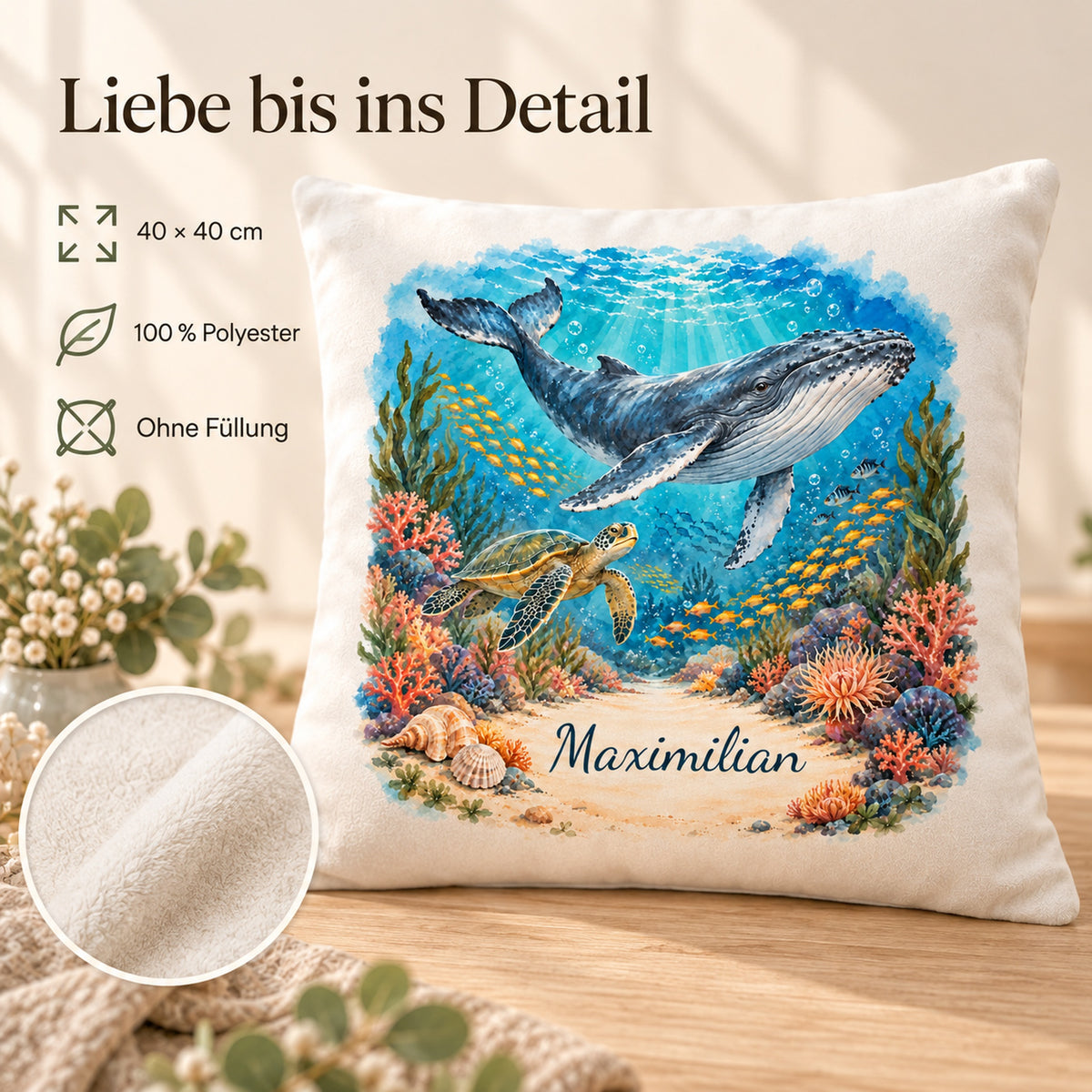 Kissenbezug Wal mit Namen – Korallengarten, Bild 4