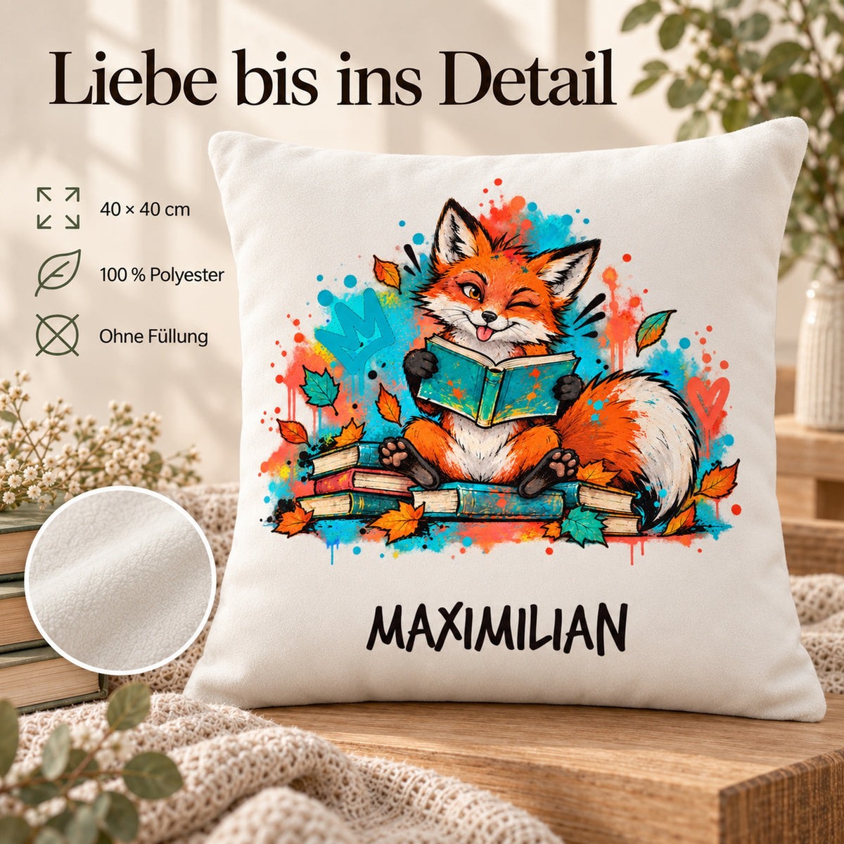 Personalisierter Bücherfuchs-Kissenbezug Augenzwinkern, 40 × 40 cm – Produktdetails mit Beispielname Maximilian