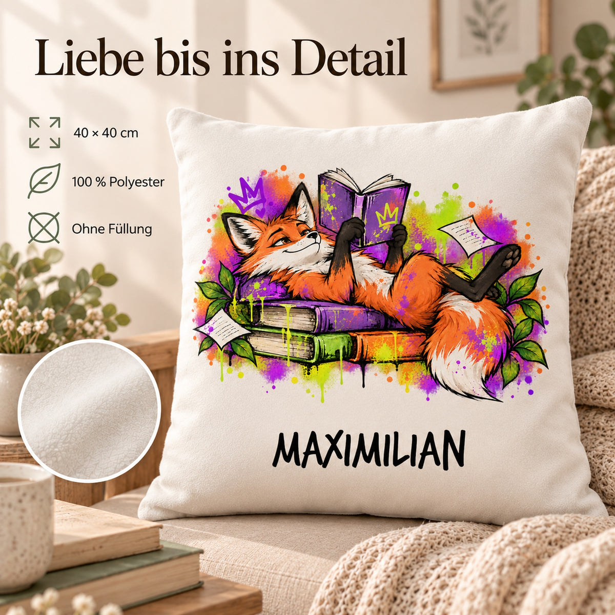 Personalisierter Bücherfuchs-Kissenbezug Lesepause, 40 × 40 cm – Produktdetails mit Beispielname Maximilian