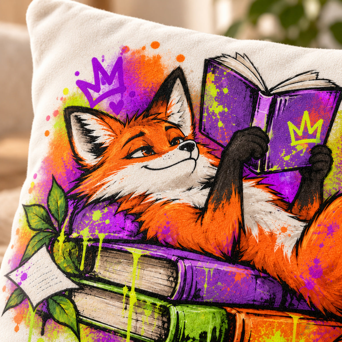Personalisierter Bücherfuchs-Kissenbezug Lesepause, 40 × 40 cm – Druckdetail
