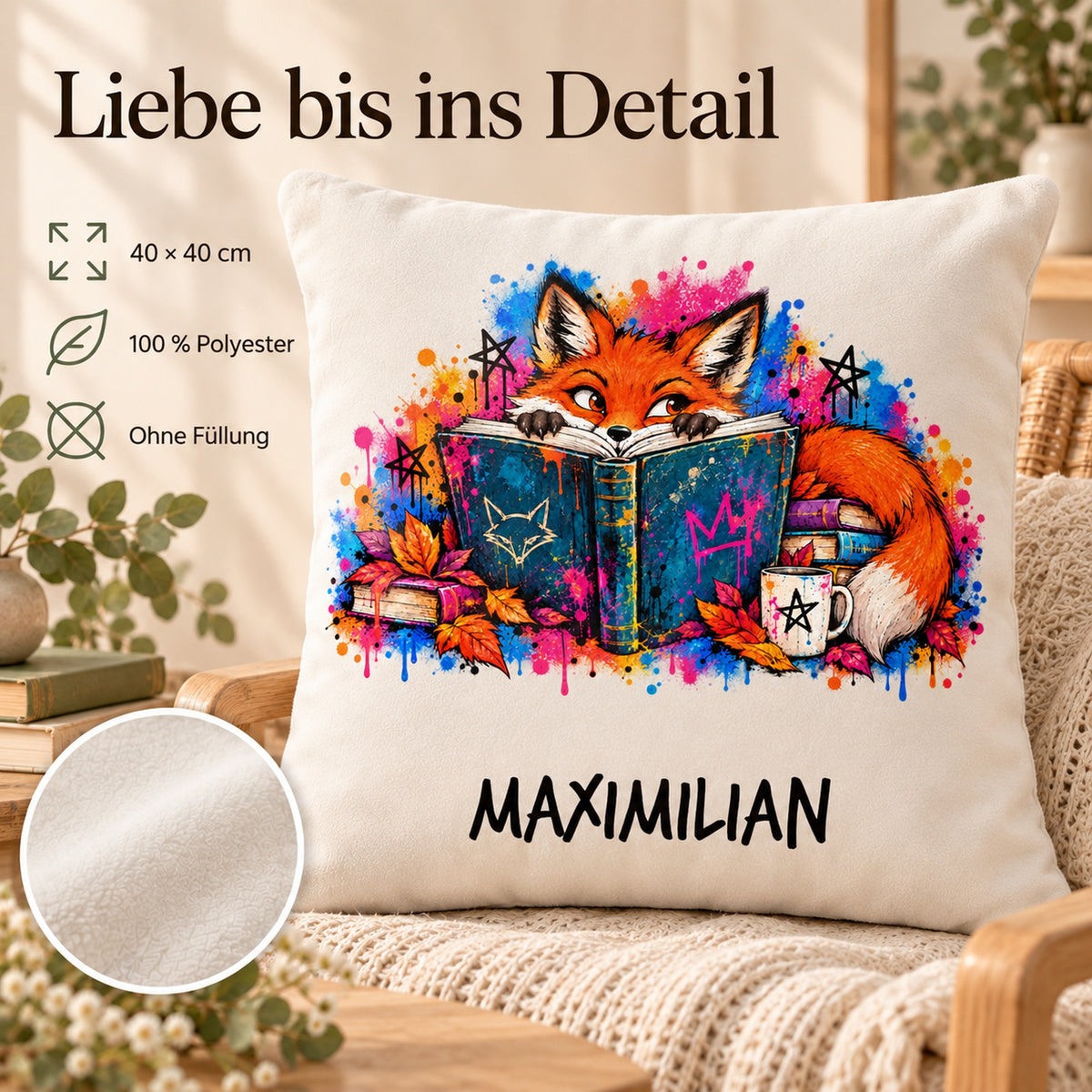 Personalisierter Bücherfuchs-Kissenbezug Neugieriger Blick, 40 × 40 cm – Produktdetails mit Beispielname Maximilian