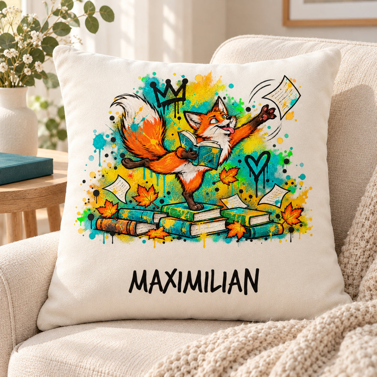 Personalisierter Bücherfuchs-Kissenbezug Seitenfänger, 40 × 40 cm – Leseecke mit Beispielname Maximilian