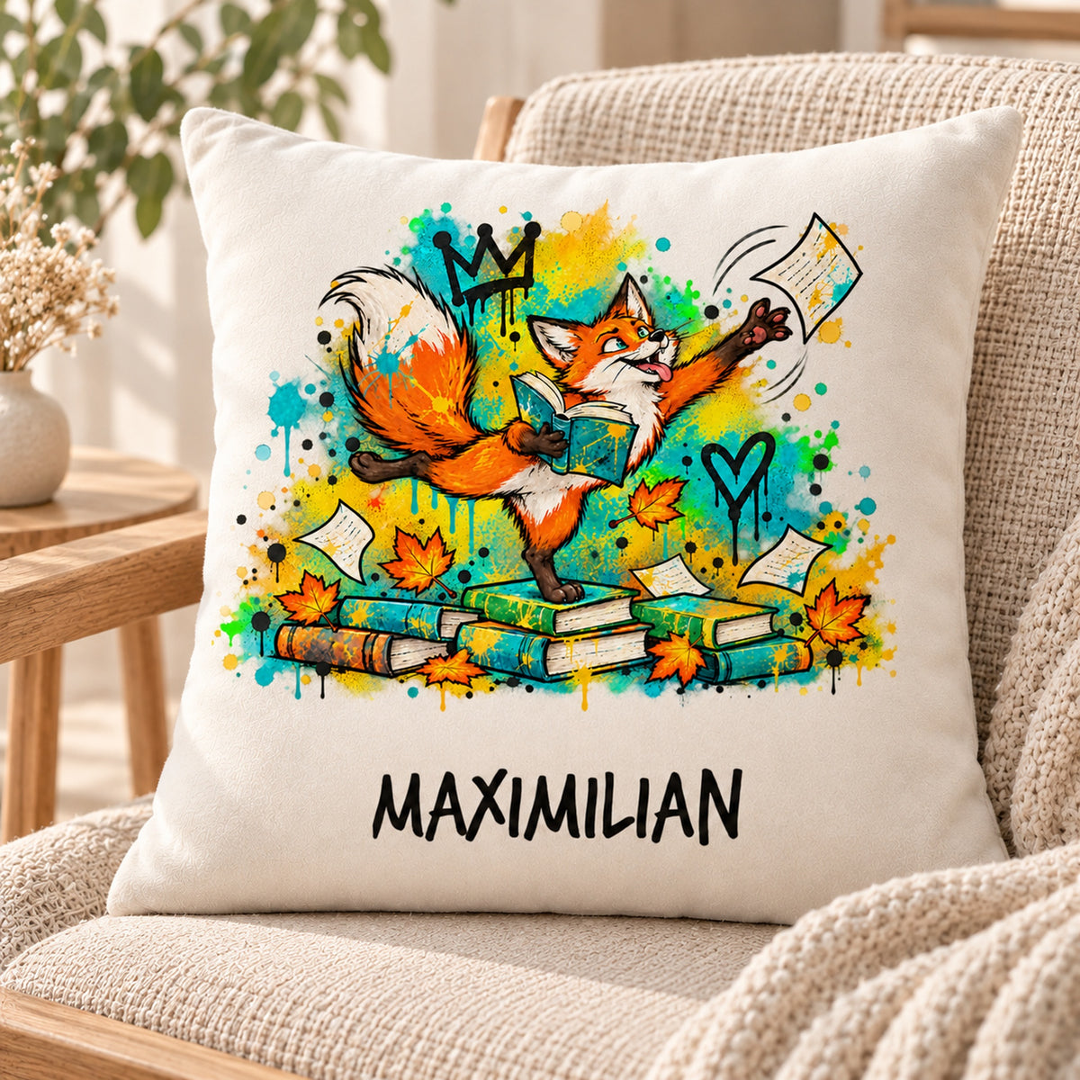 Personalisierter Bücherfuchs-Kissenbezug Seitenfänger, 40 × 40 cm – Schrägansicht mit Beispielname Maximilian