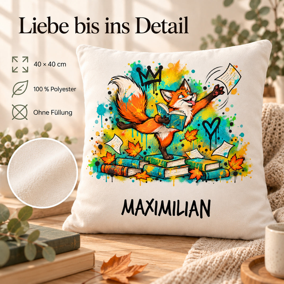 Personalisierter Bücherfuchs-Kissenbezug Seitenfänger, 40 × 40 cm – Produktdetails mit Beispielname Maximilian