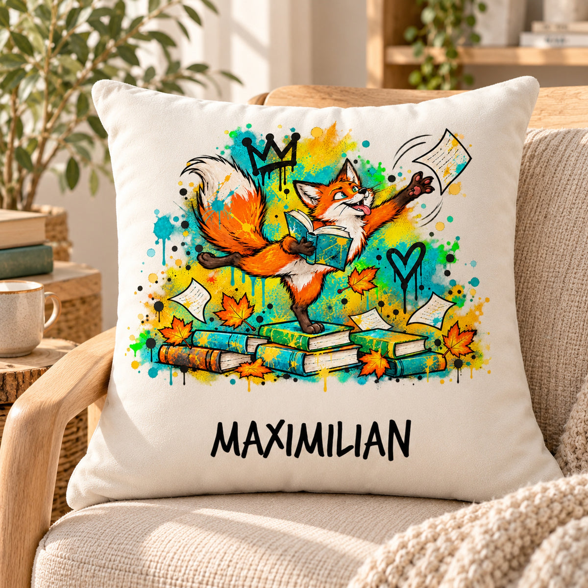 Personalisierter Bücherfuchs-Kissenbezug Seitenfänger, 40 × 40 cm – Leseplatz mit Beispielname Maximilian