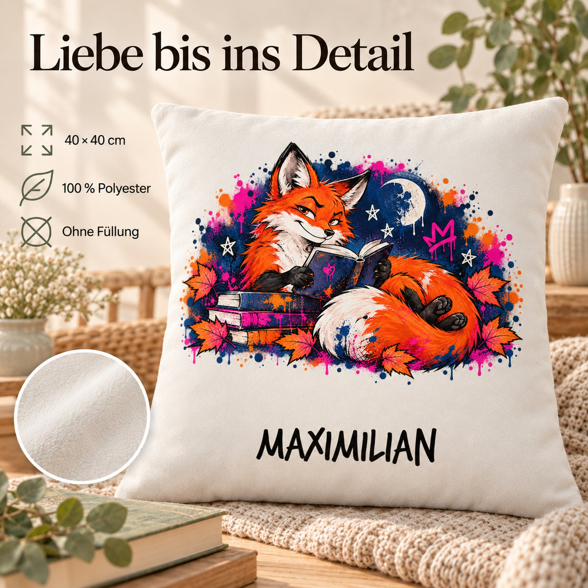 Personalisierter Bücherfuchs-Kissenbezug Nachtlektüre, 40 × 40 cm – Produktdetails mit Beispielname Maximilian