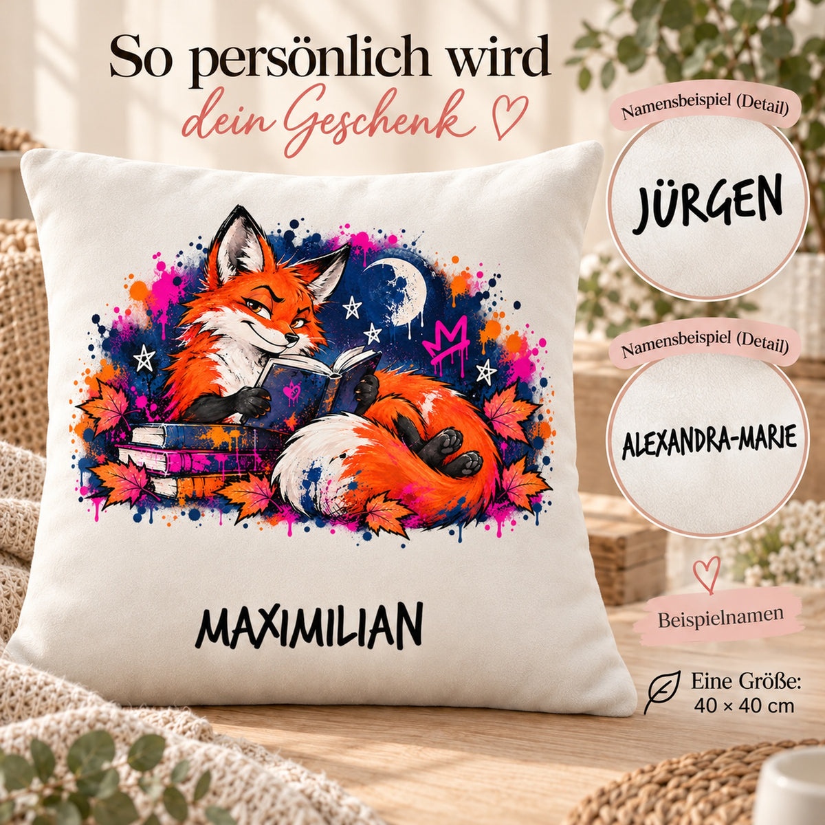 Personalisierter Bücherfuchs-Kissenbezug Nachtlektüre, 40 × 40 cm – Personalisierung mit gekennzeichneten Namensbeispielen