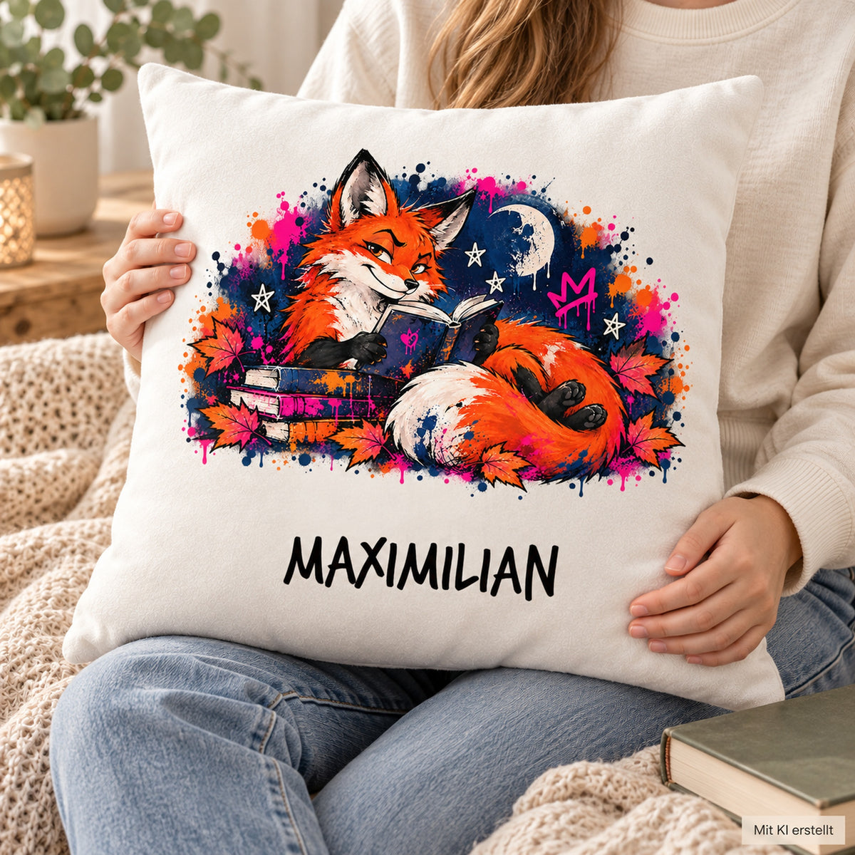 Personalisierter Bücherfuchs-Kissenbezug Nachtlektüre, 40 × 40 cm – Nutzungsszene mit Beispielname Maximilian