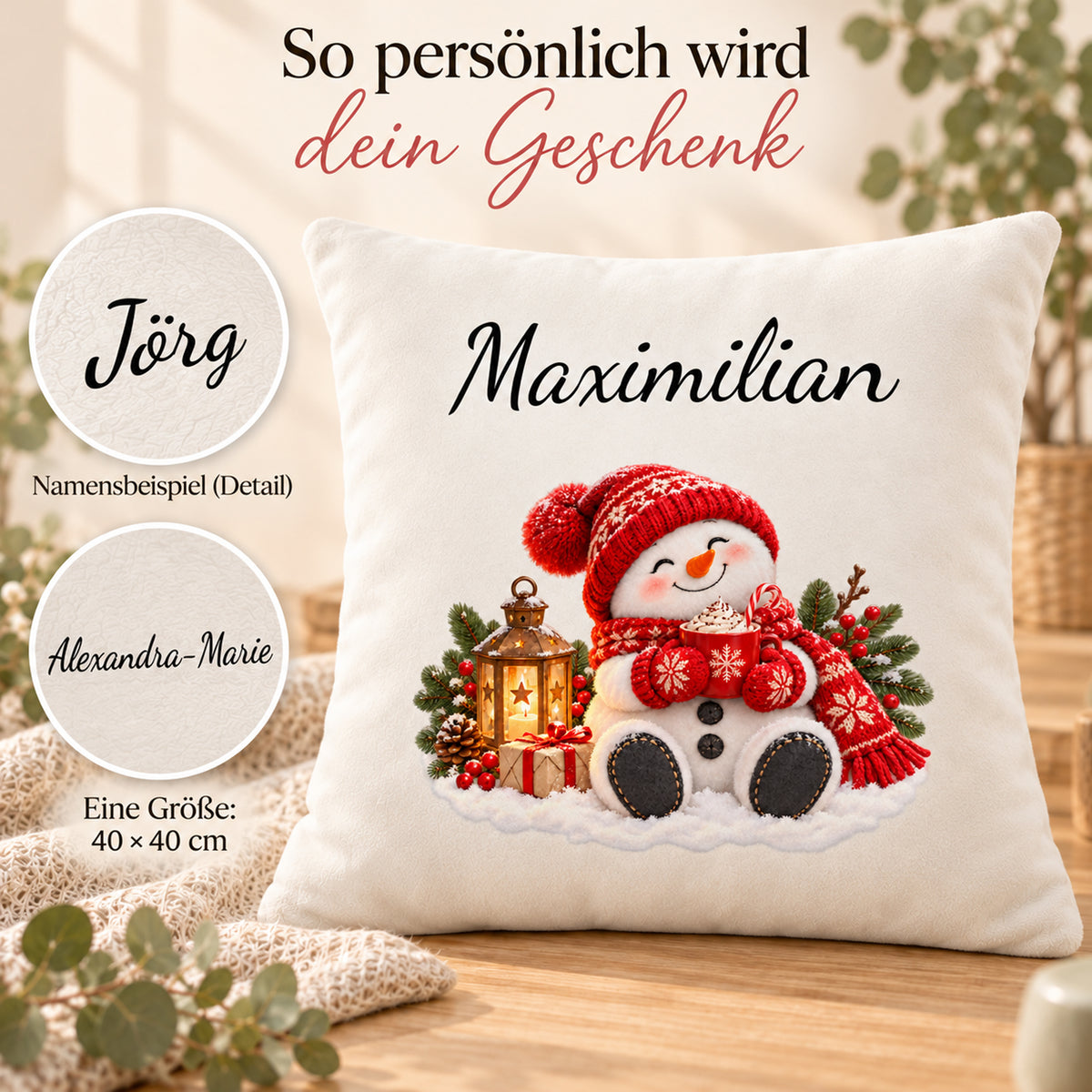 Schneemann-Kissenbezug Kakao-Auszeit, Bild 5, mit Beispielname Maximilian, 40 × 40 cm