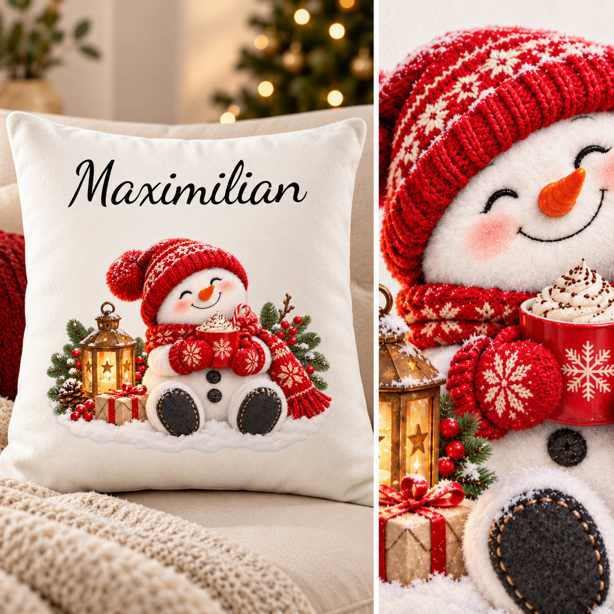Schneemann-Kissenbezug Kakao-Auszeit, Bild 6, mit Beispielname Maximilian, 40 × 40 cm