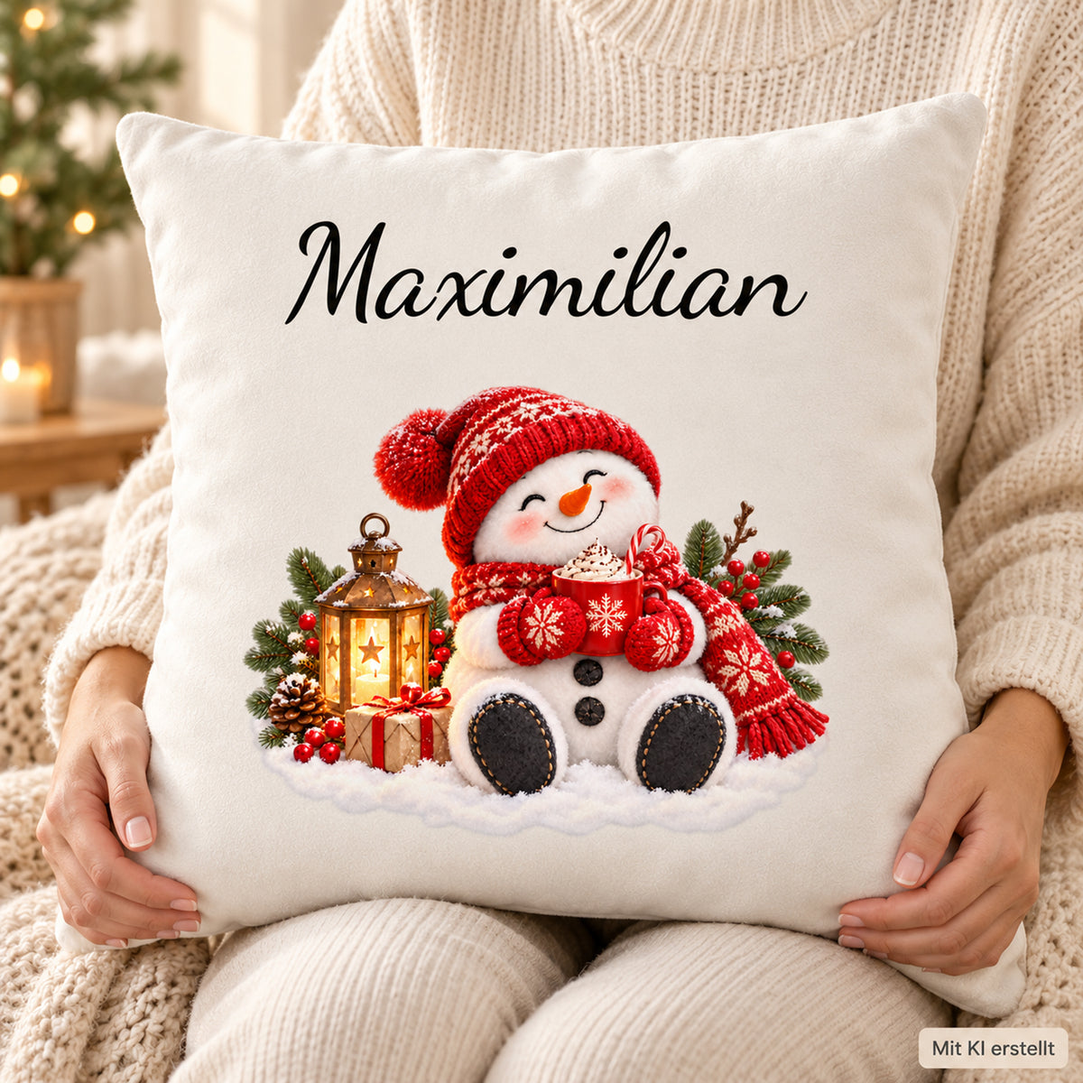Schneemann-Kissenbezug Kakao-Auszeit, Bild 7, mit Beispielname Maximilian, 40 × 40 cm