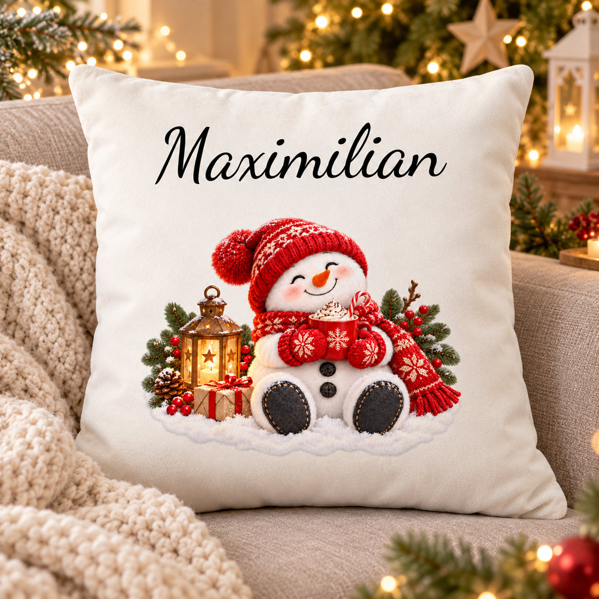 Schneemann-Kissenbezug Kakao-Auszeit, Bild 8, mit Beispielname Maximilian, 40 × 40 cm