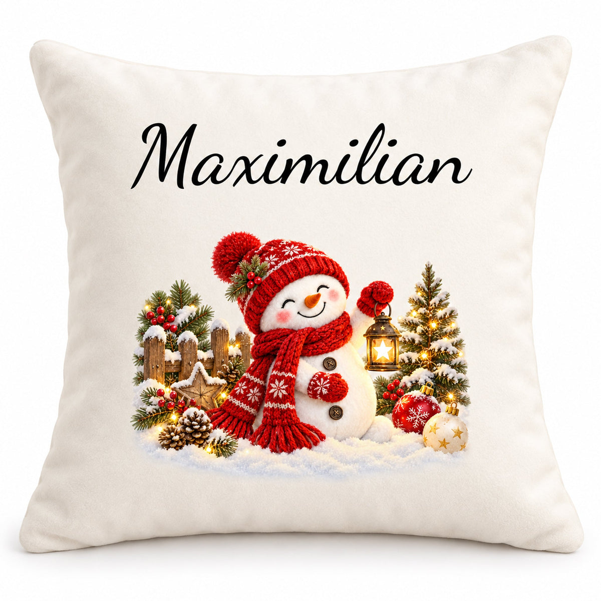 Schneemann-Kissenbezug Laternenzauber, Bild 1, mit Beispielname Maximilian