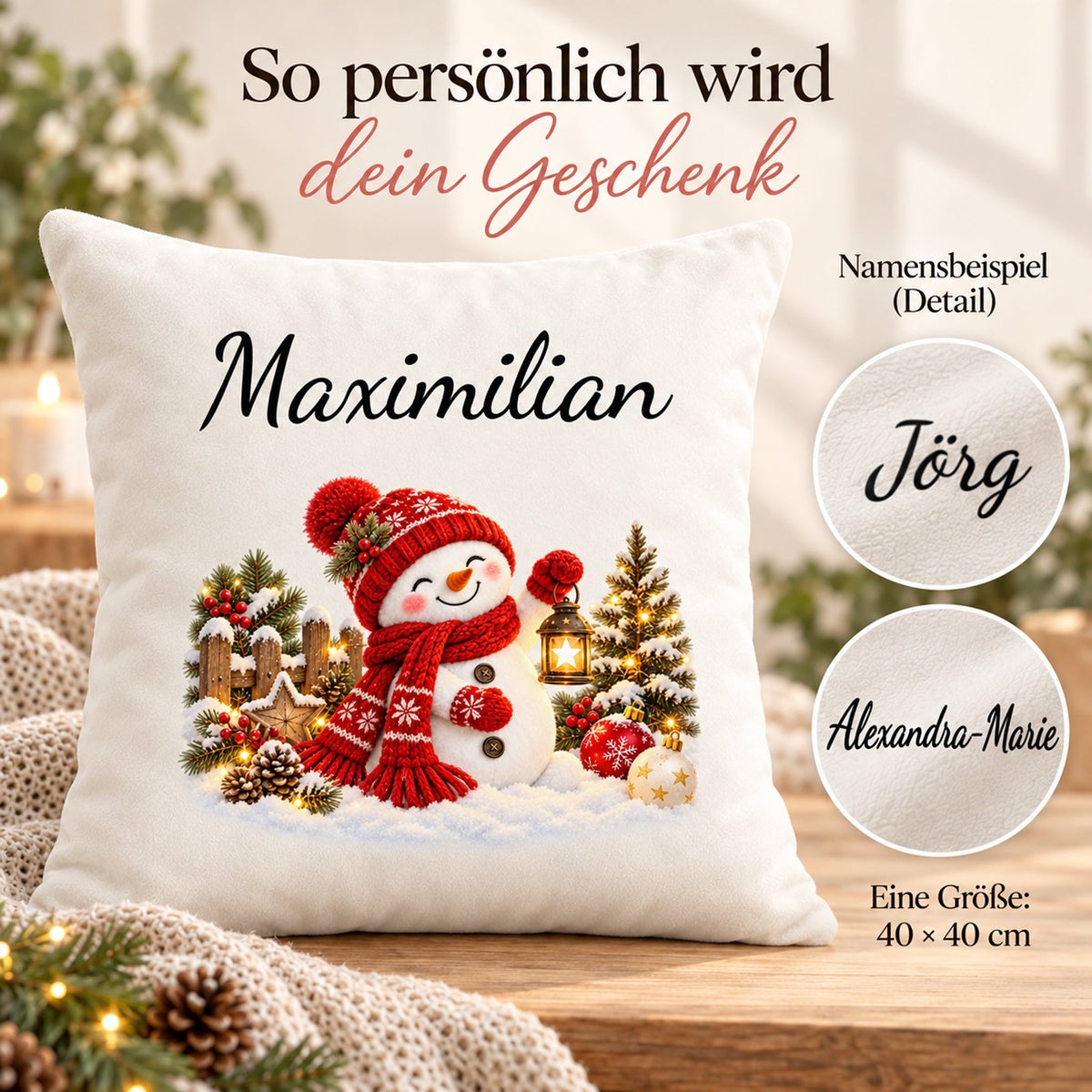 Schneemann-Kissenbezug Laternenzauber, Bild 5, mit Beispielname Maximilian