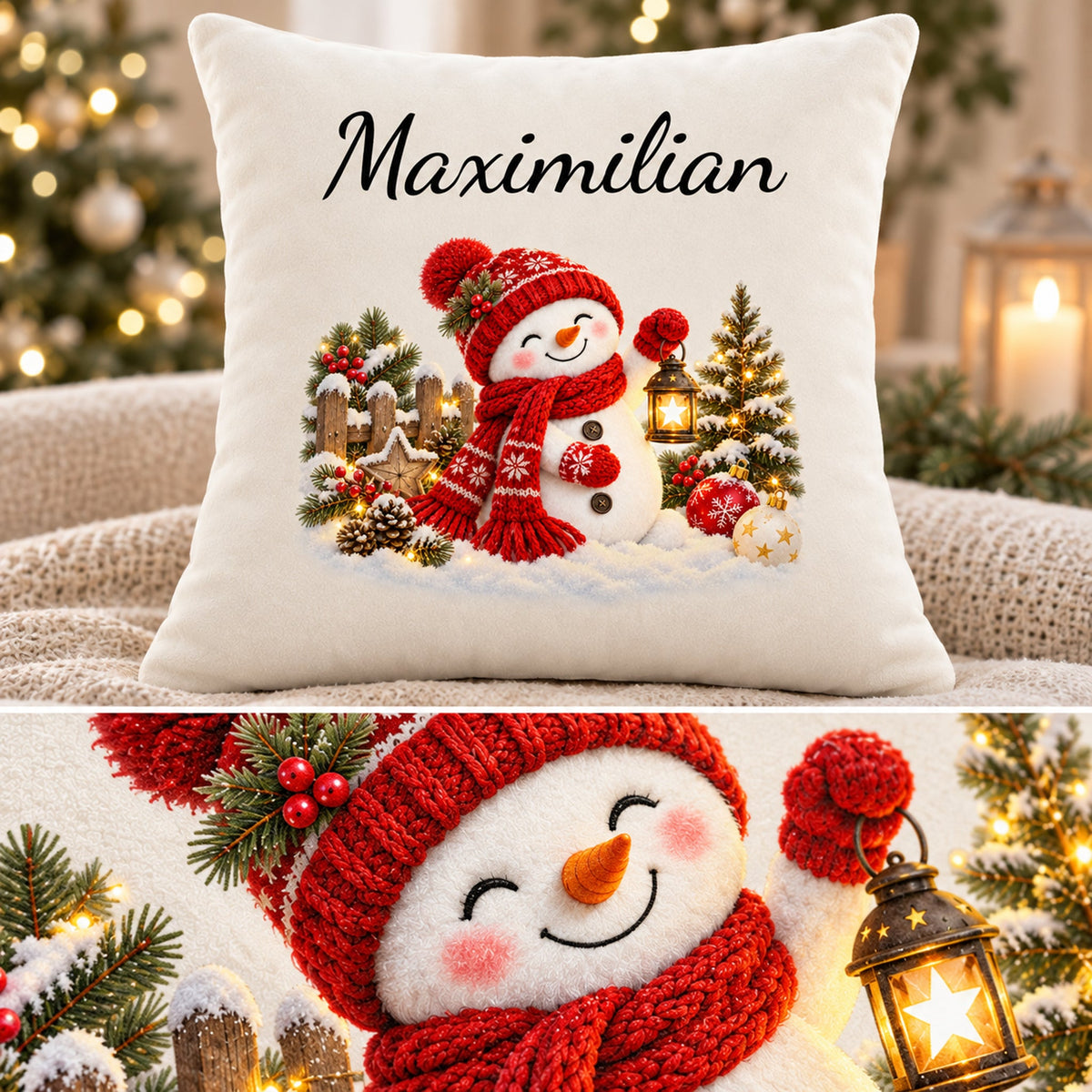 Schneemann-Kissenbezug Laternenzauber, Bild 6, mit Beispielname Maximilian