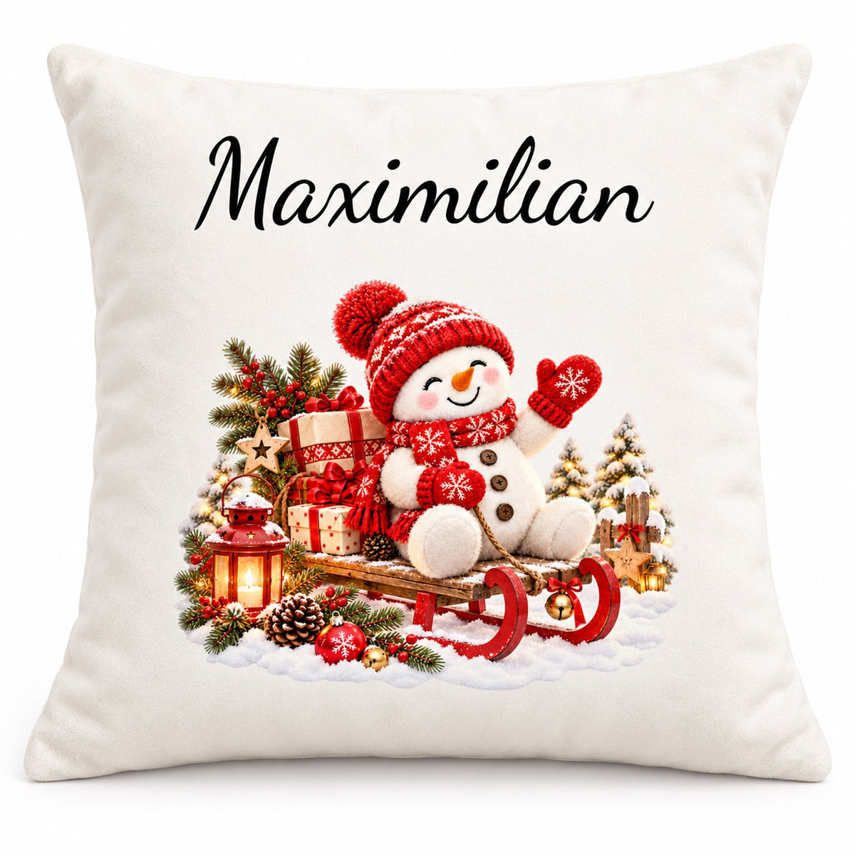 Schneemann-Kissenbezug Schlittenfahrt, Bild 1, mit Beispielname Maximilian