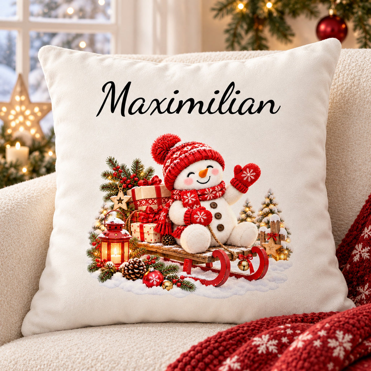 Schneemann-Kissenbezug Schlittenfahrt, Bild 2, mit Beispielname Maximilian