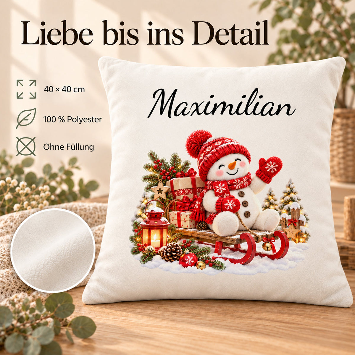 Schneemann-Kissenbezug Schlittenfahrt, Bild 4, mit Beispielname Maximilian