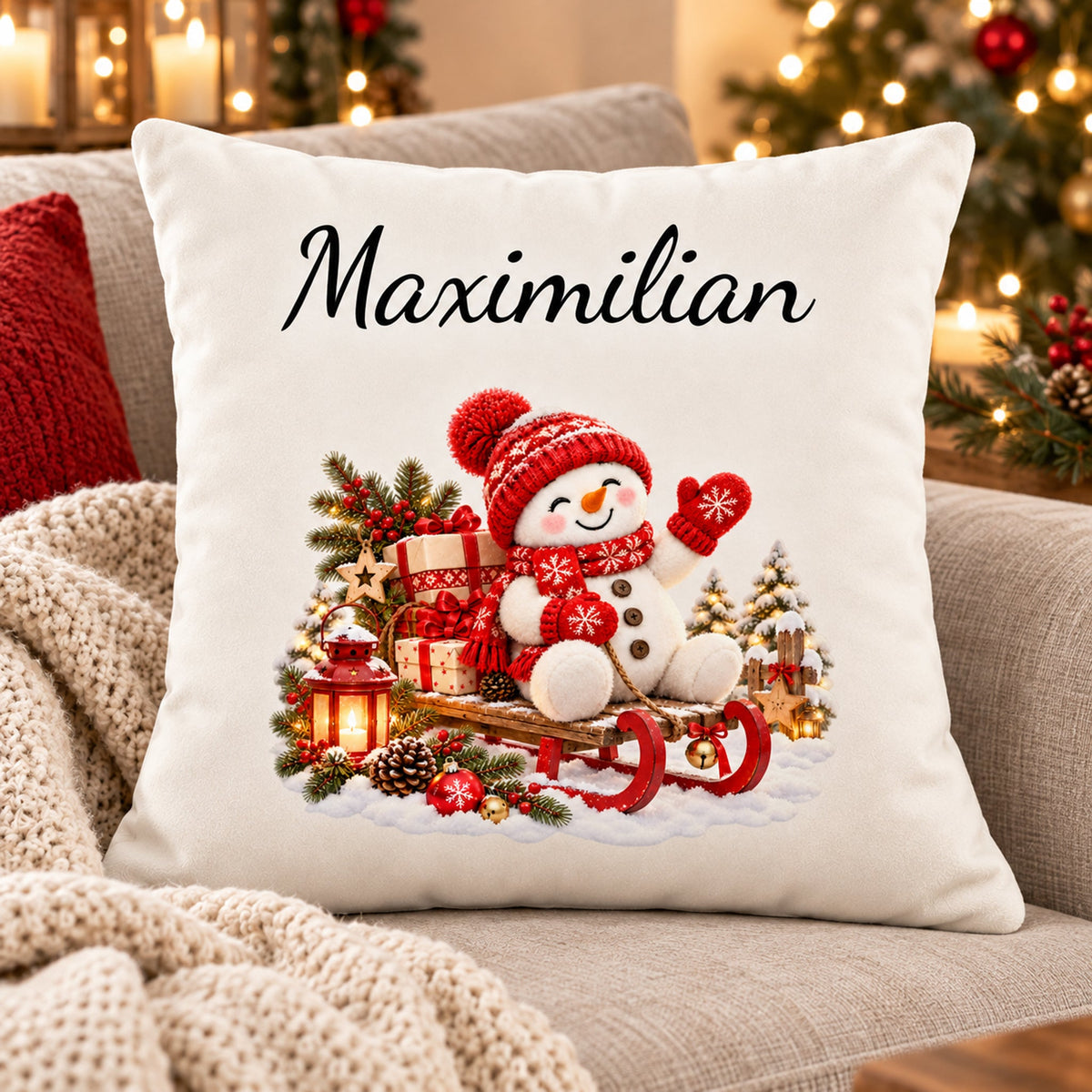 Schneemann-Kissenbezug Schlittenfahrt, Bild 8, mit Beispielname Maximilian