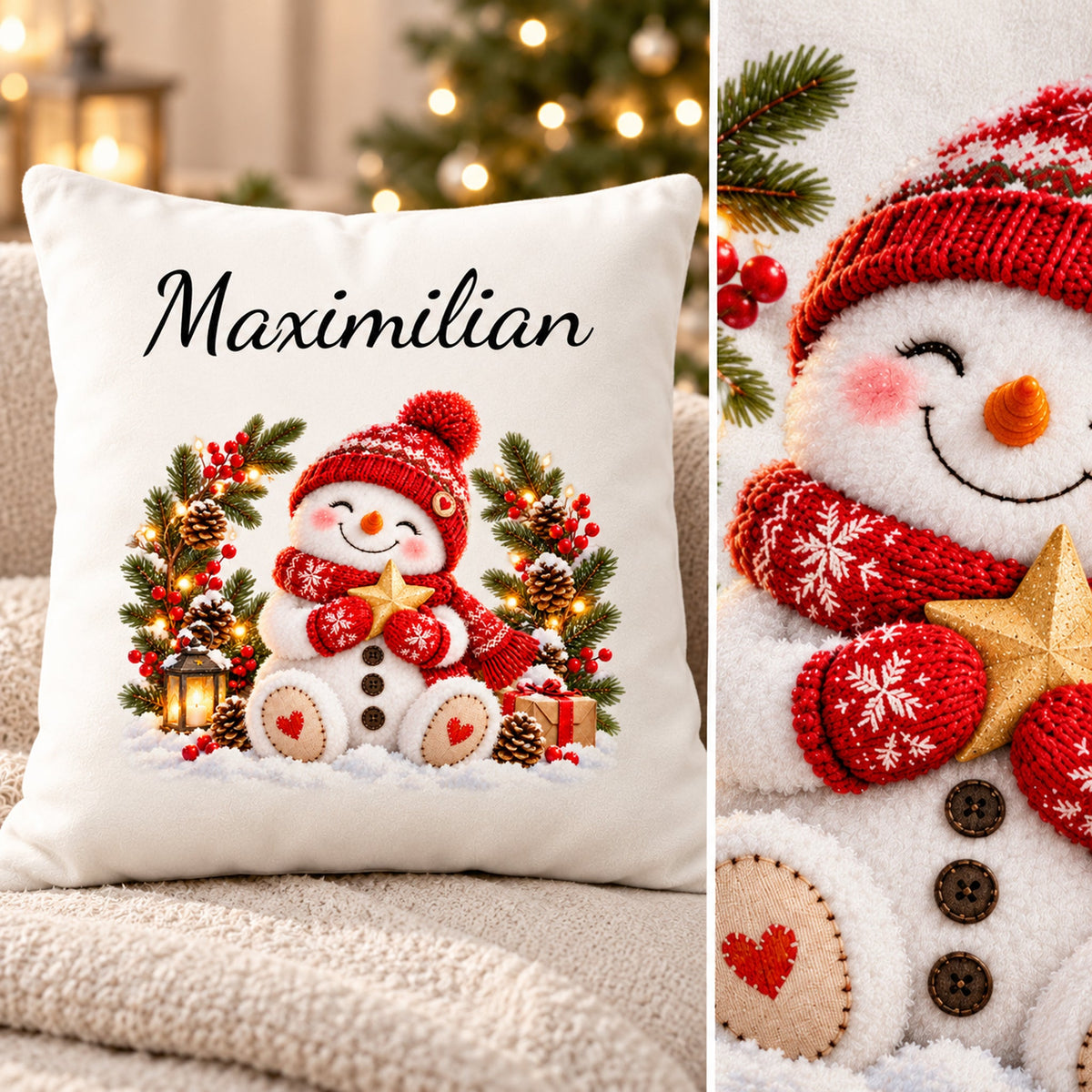 Schneemann-Kissenbezug Winterkranz, Bild 6, mit Beispielname Maximilian