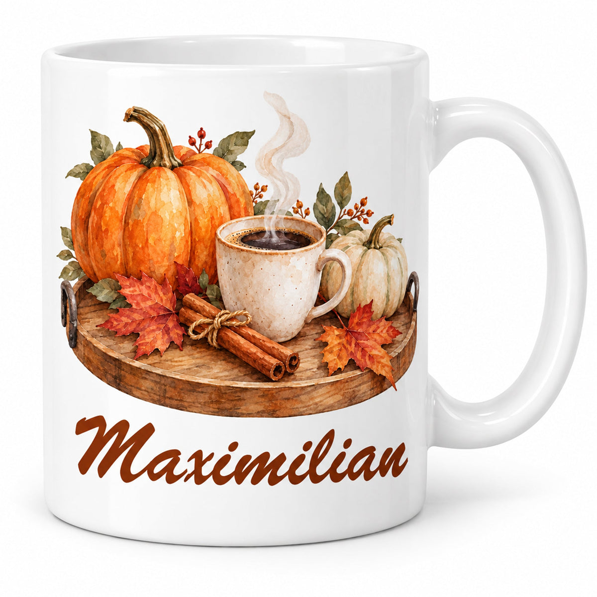 Hauptbild: weiße personalisierte Herbst-Tasse mit Motiv Kürbiskaffee am Morgen und Beispielname Maximilian