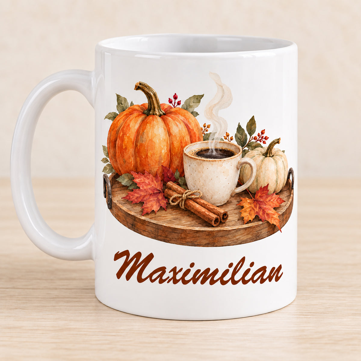 Andere Druckseite: weiße personalisierte Herbst-Tasse mit Motiv Kürbiskaffee am Morgen und Beispielname Maximilian