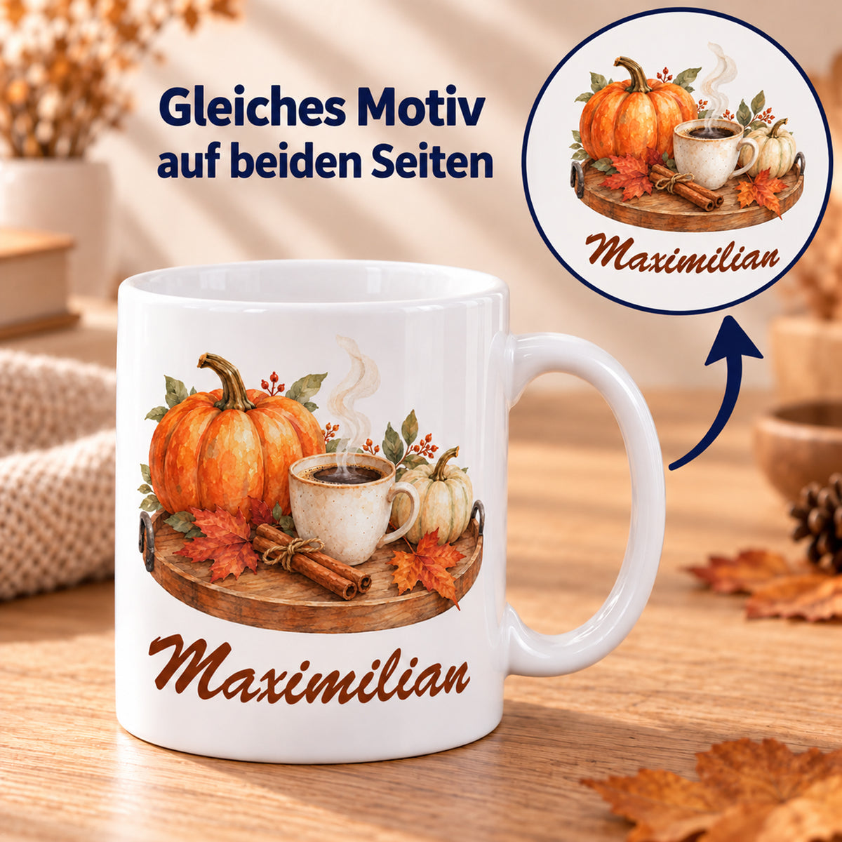 Beidseitiger Druck: weiße personalisierte Herbst-Tasse mit Motiv Kürbiskaffee am Morgen und Beispielname Maximilian