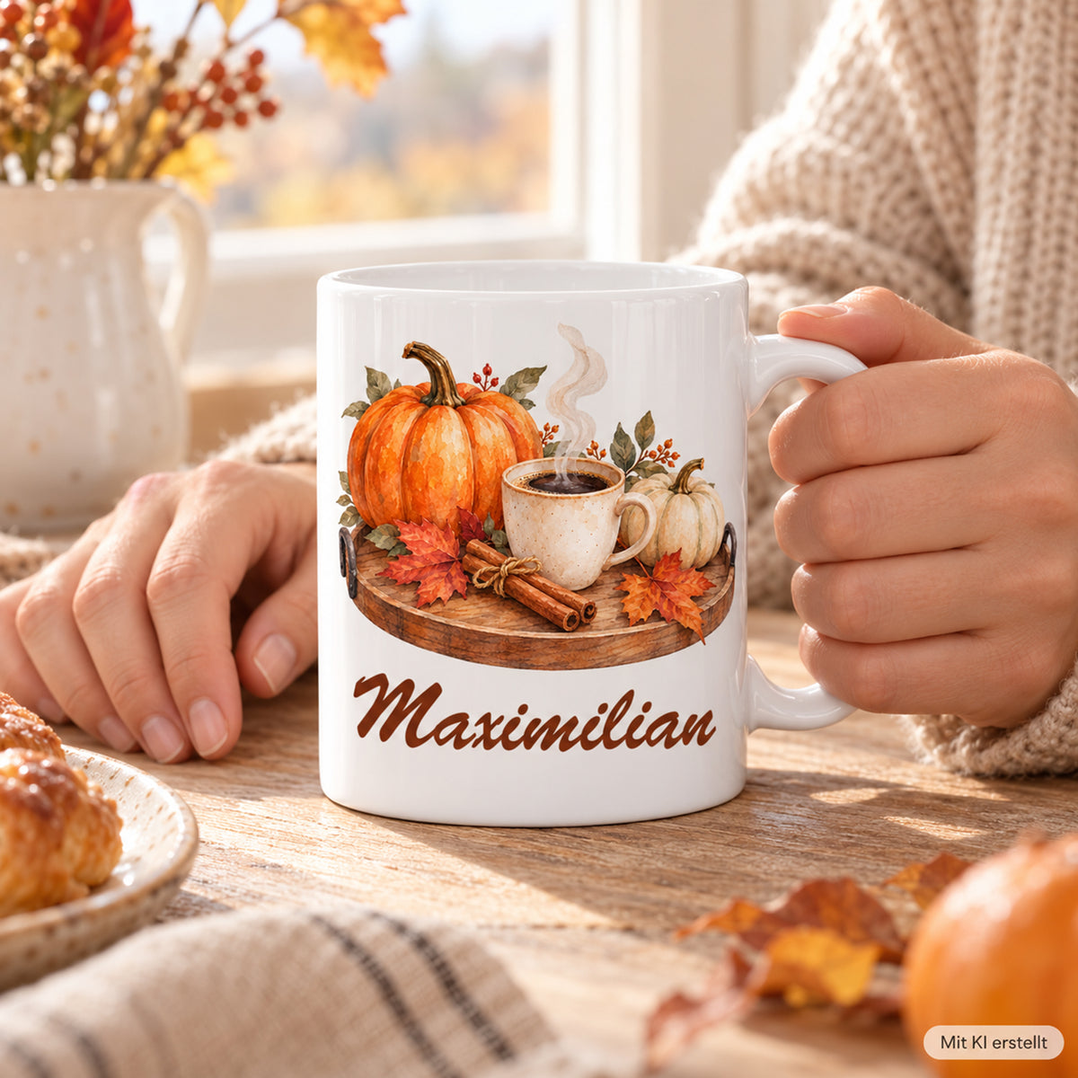 Nutzung mit Händen: weiße personalisierte Herbst-Tasse mit Motiv Kürbiskaffee am Morgen und Beispielname Maximilian