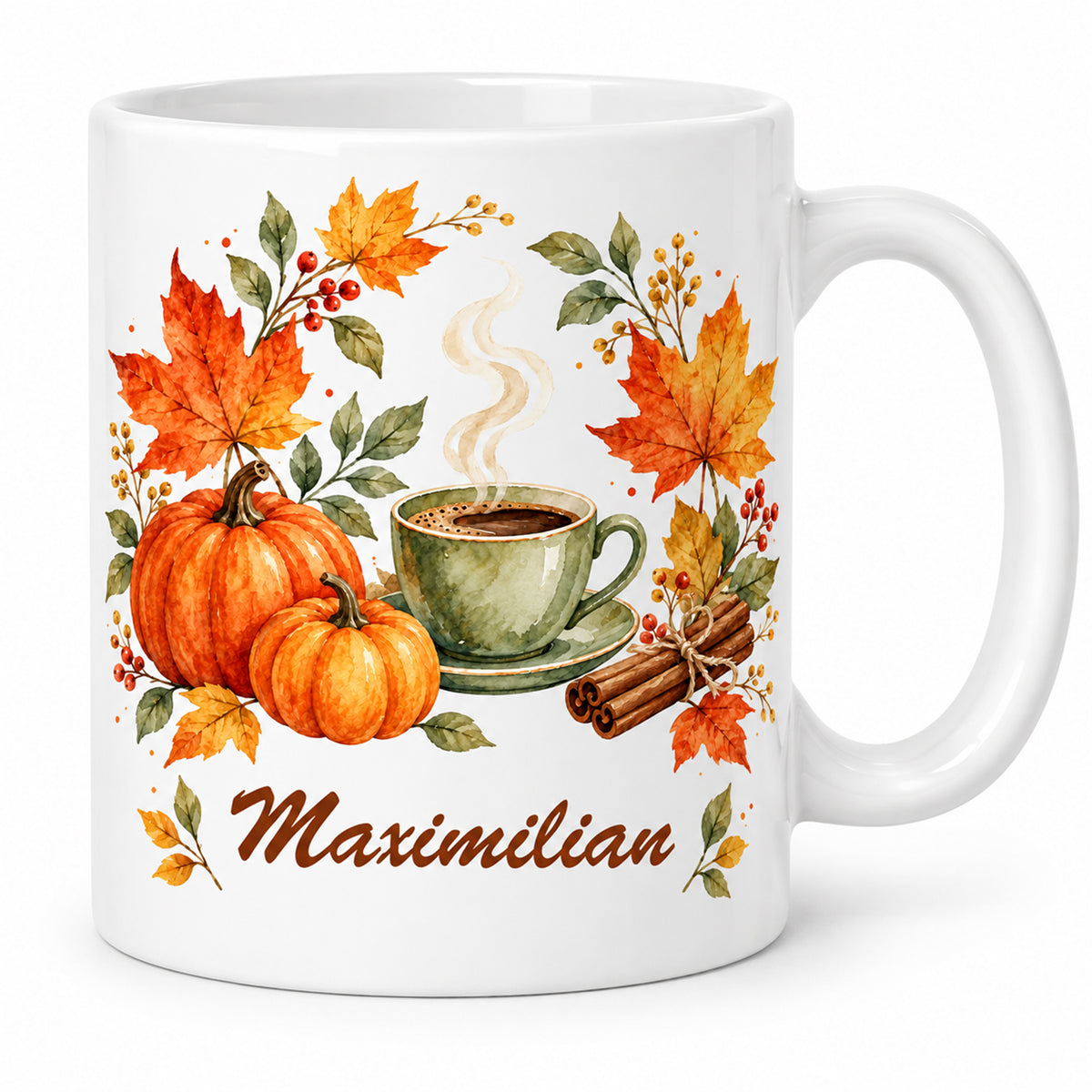 Hauptbild: weiße personalisierte Herbst-Tasse mit Motiv Herbstkranz zur Kaffeepause und Beispielname Maximilian
