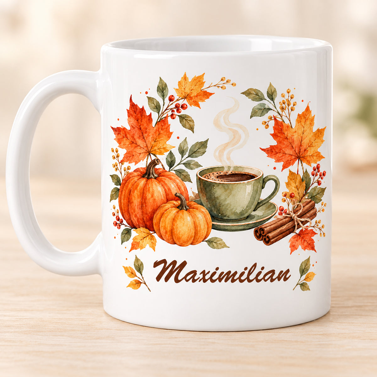 Andere Druckseite: weiße personalisierte Herbst-Tasse mit Motiv Herbstkranz zur Kaffeepause und Beispielname Maximilian