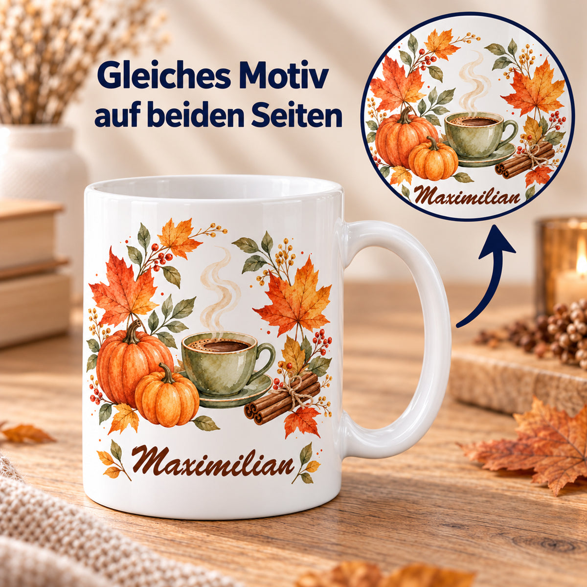 Beidseitiger Druck: weiße personalisierte Herbst-Tasse mit Motiv Herbstkranz zur Kaffeepause und Beispielname Maximilian