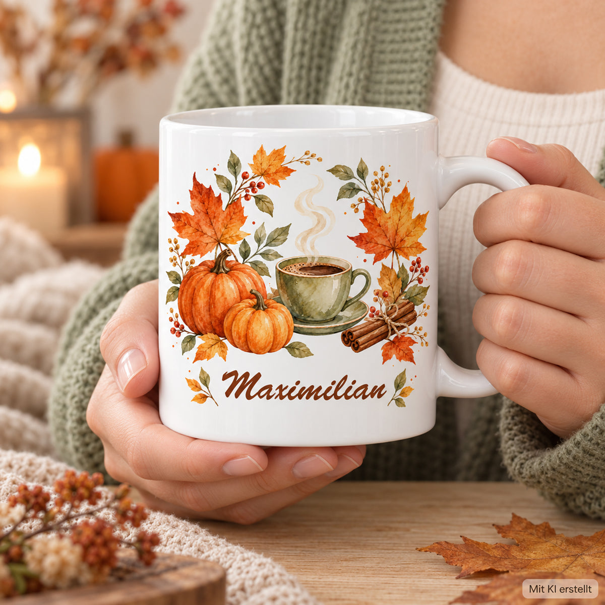 Nutzung mit Händen: weiße personalisierte Herbst-Tasse mit Motiv Herbstkranz zur Kaffeepause und Beispielname Maximilian