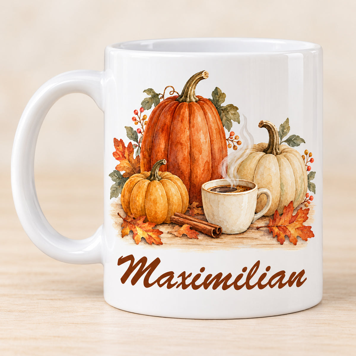 Andere Druckseite: weiße personalisierte Herbst-Tasse mit Motiv Kürbistrio mit Zimtduft und Beispielname Maximilian
